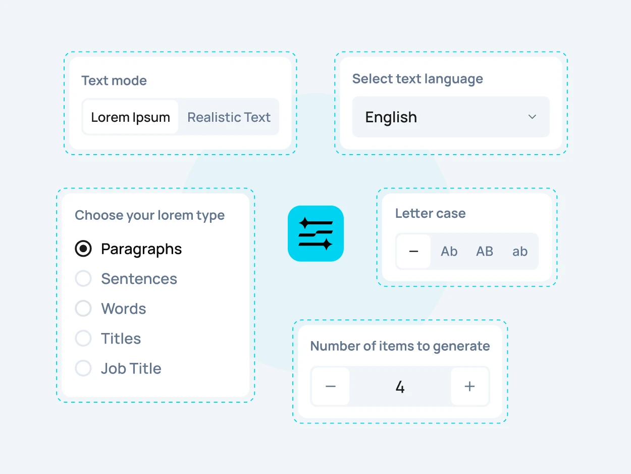 Lorem ipsum generator settings with language selection and paragraph options