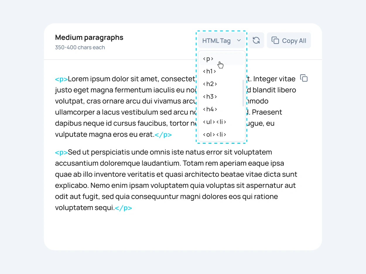 HTML dummy text example with heading, paragraph, and list tags in Loremkit