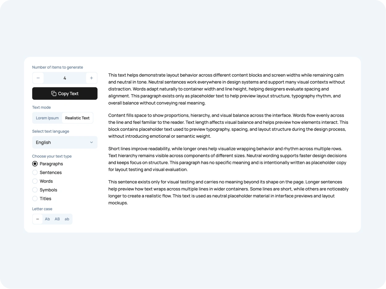 Placeholder text generator with Realistic Mode for lorem ipsum, dummy text, and custom placeholder content