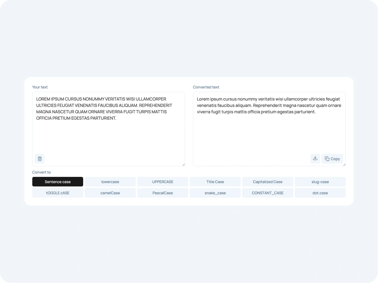 Text case converter and formatting tools for uppercase, lowercase, title case, UI copy, URLs, and filenames